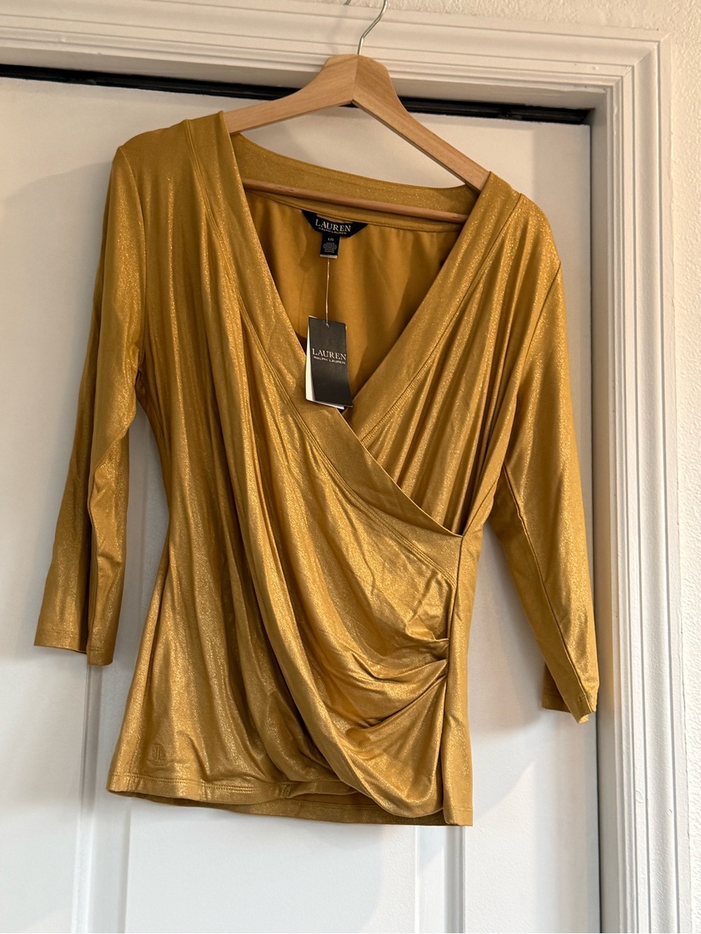 Lauren Ralph Lauren Metallic Gold Draped Surplice Top